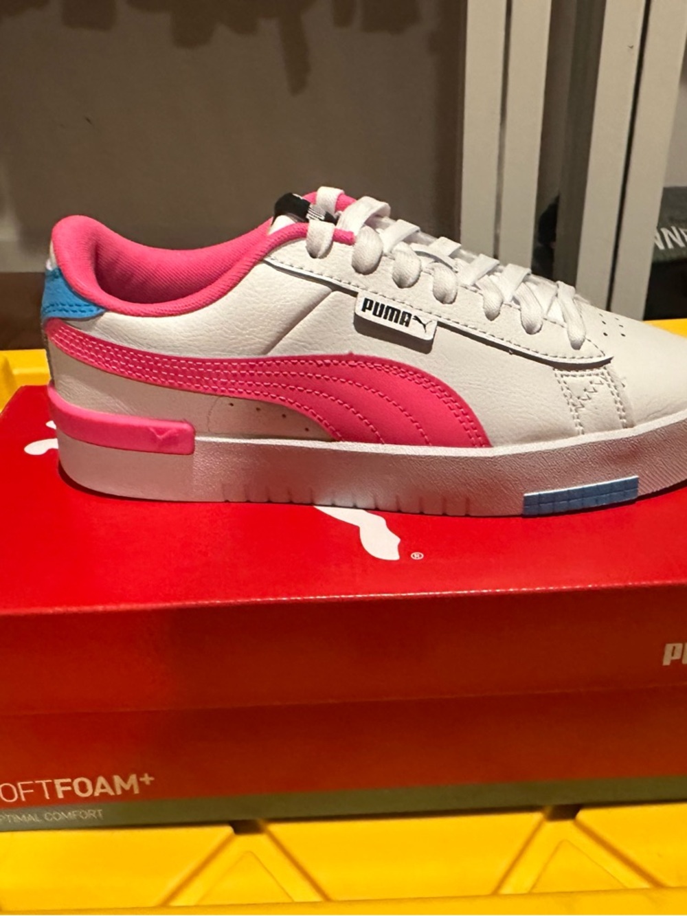 Puma Women's White Sneakers with Pink and Blue Accents